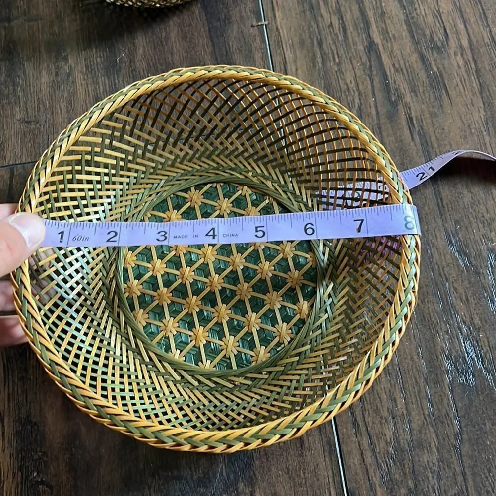 Vintage Cross hatch Wicker/Rattan 3 Set Nesting Baskets beautiful EUC tan green